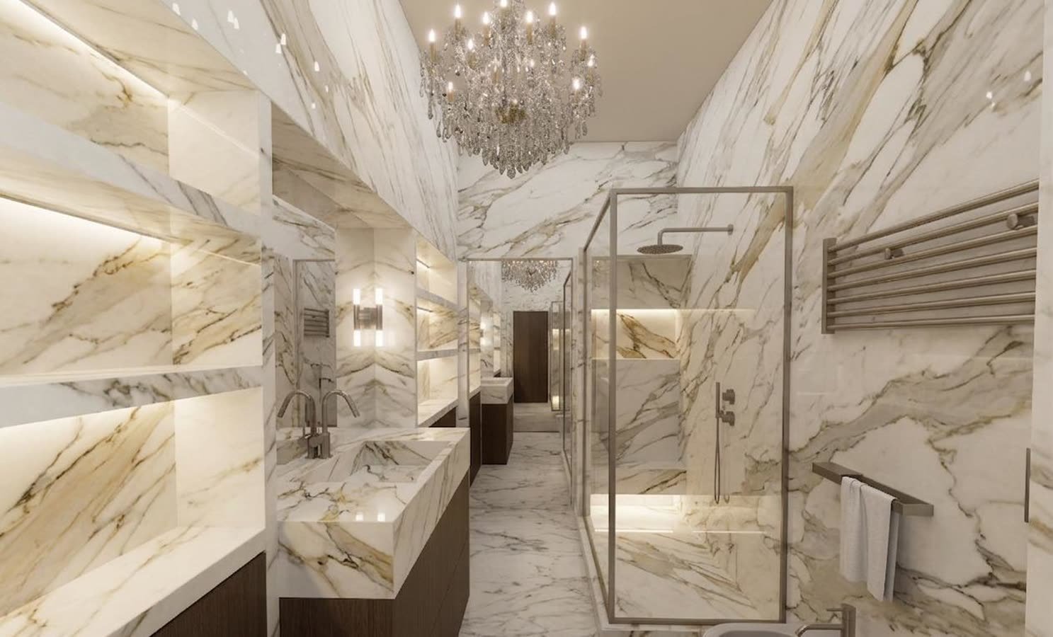 Bagno in calacatta oro con doccia in vetro e lavabo sospeso