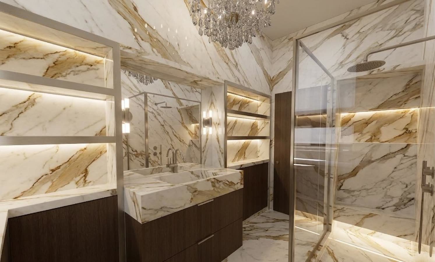 Bagno in calacatta oro, vista d'insieme verso la doccia