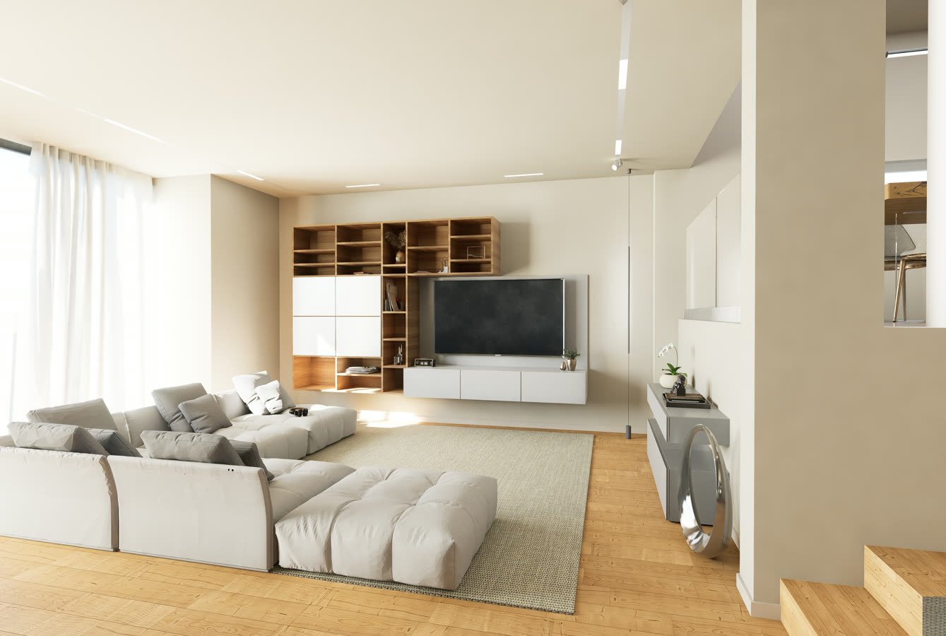 Soggiorno con divano angolare chiaro, libreria in legno e parquet