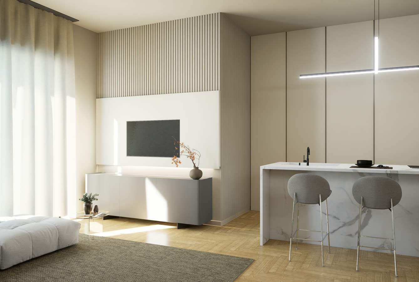 Ambiente unico con letto, isola e luce lineare a soffitto