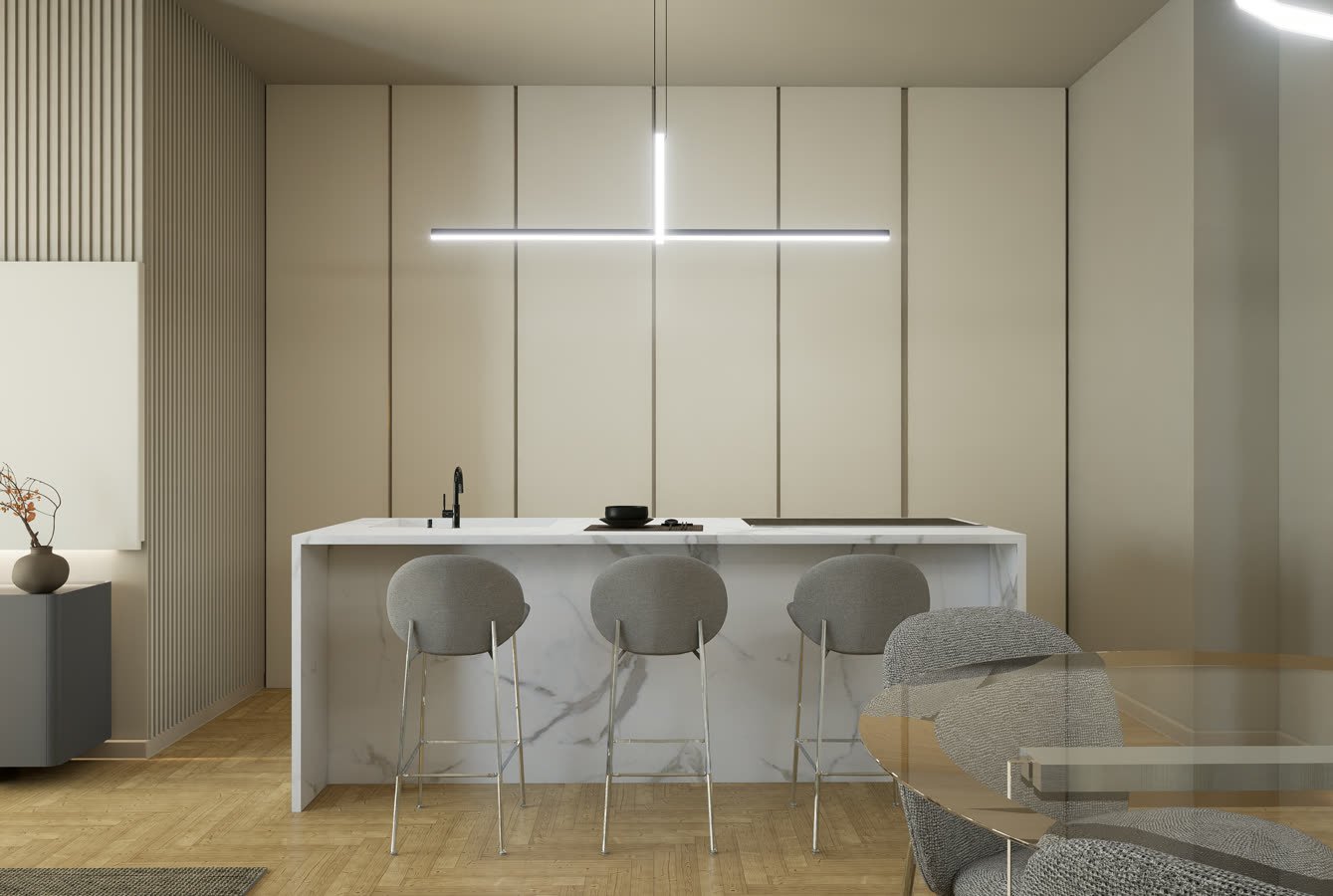 Isola di cucina con tre sgabelli e boiserie a doghe