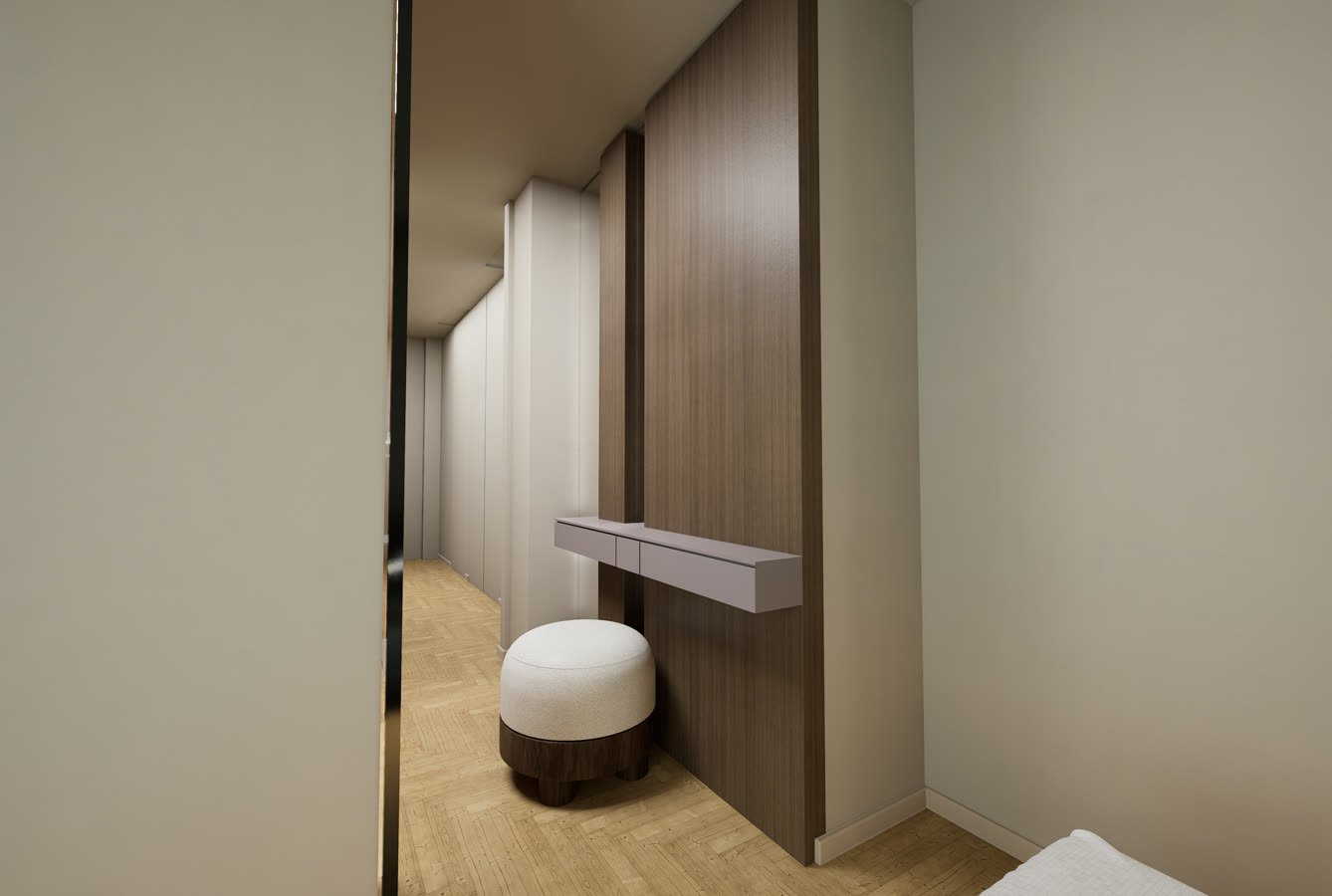 Cabina armadio in legno scuro con mensola e pouf tondo
