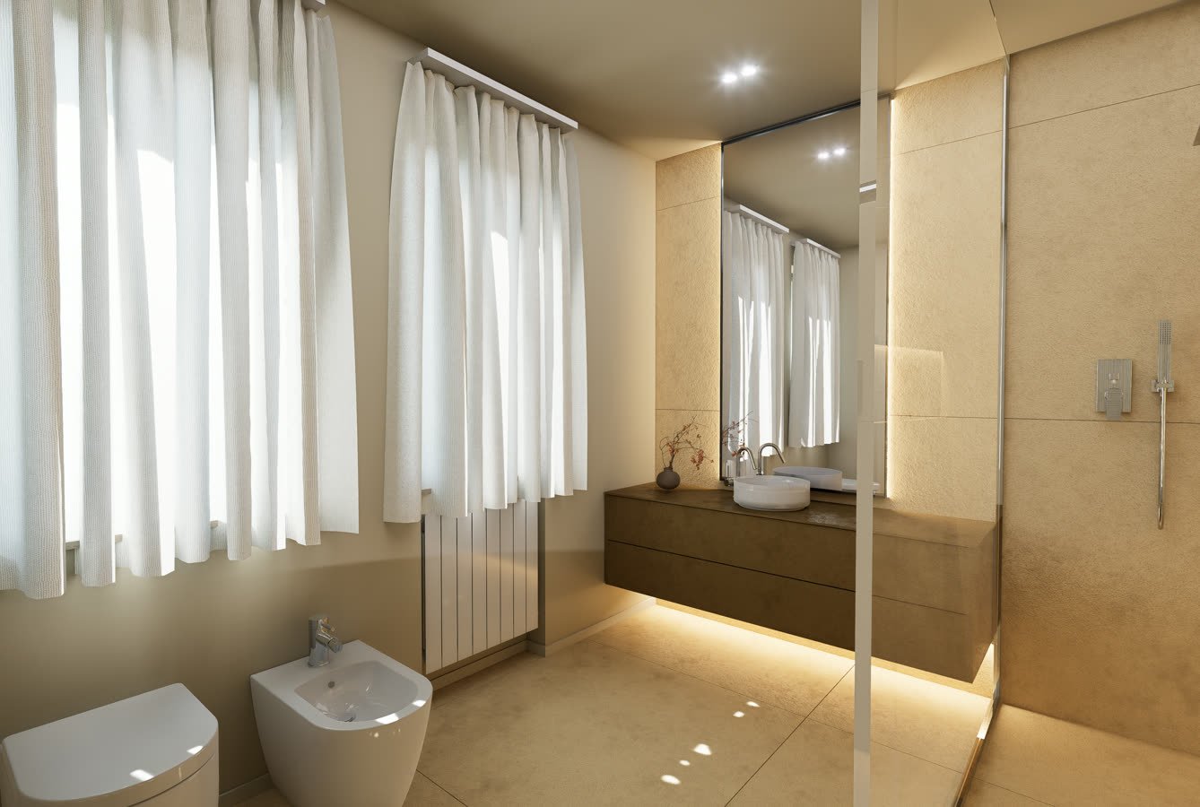 Bagno con doppio lavabo, mobile sospeso e tende chiare