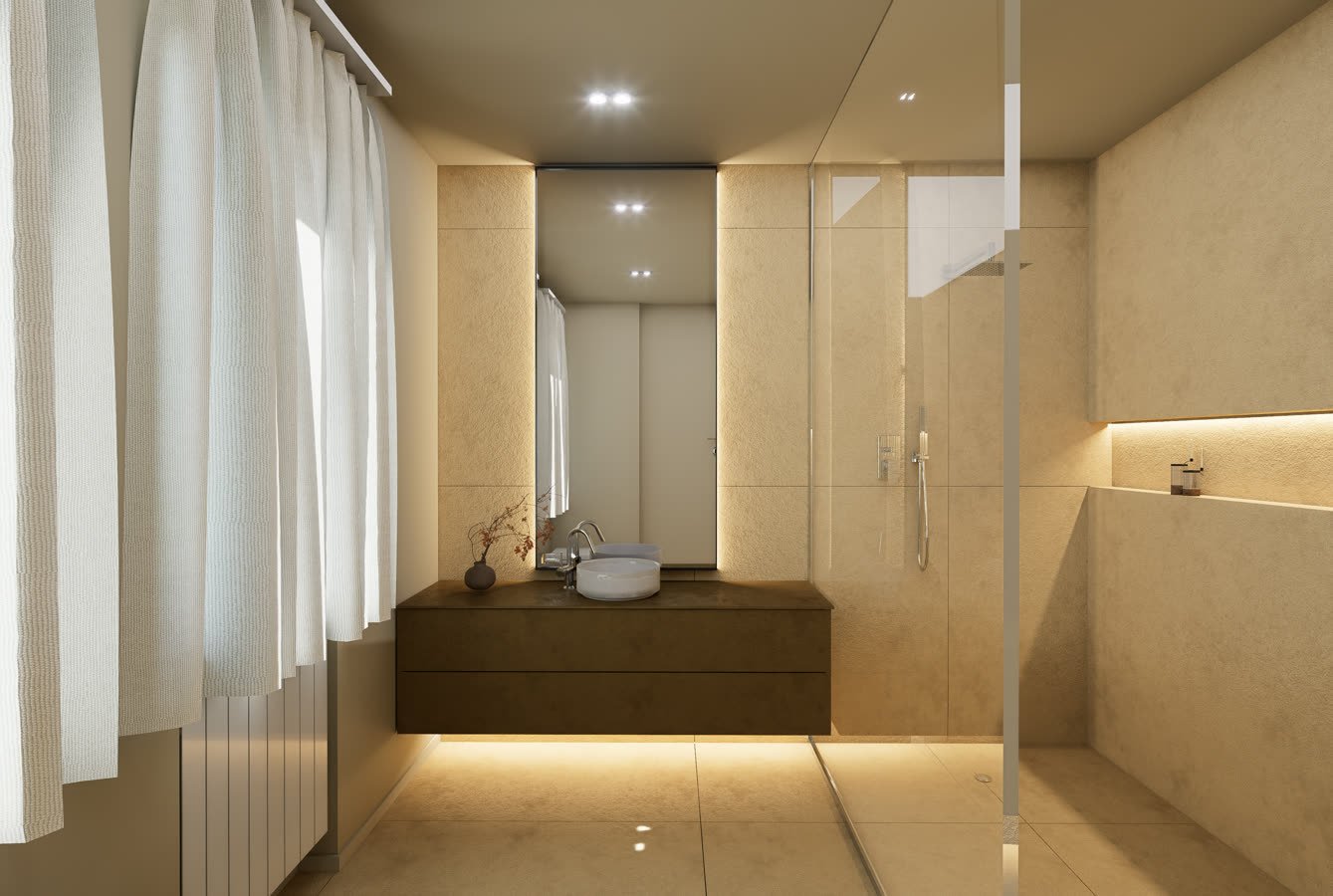 Bagno con mobile in legno, doccia in vetro e luce radente