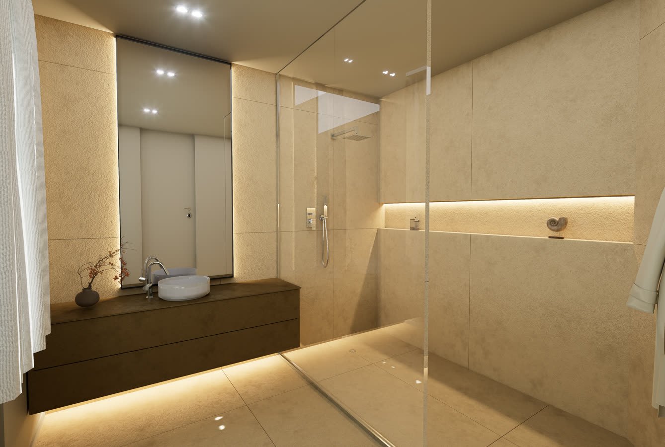 Bagno in toni sabbia con doccia a filo e lavabo sospeso