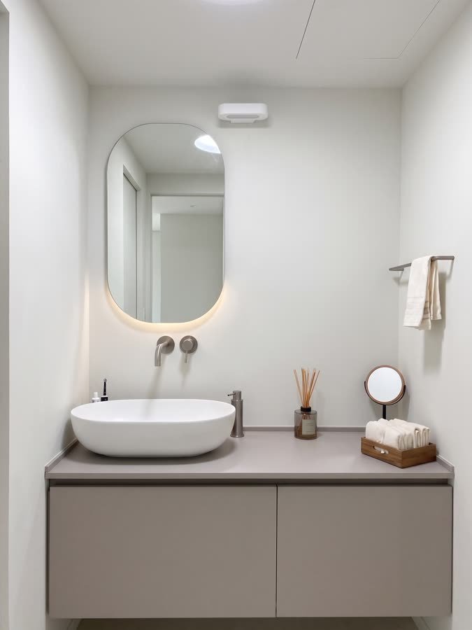 Bagno con specchio ovale, lavabo a bacinella e mobile color sabbia